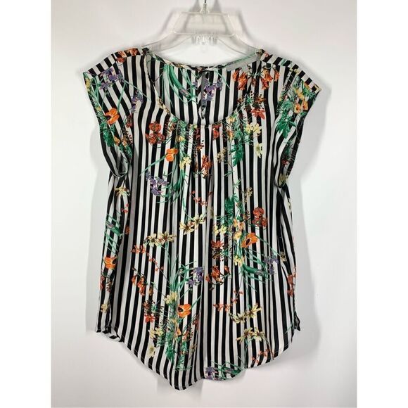 Sweet Rain Tops - Sweet Rain Women's Floral Striped Keyhole Back Pleated Blouse Multicolor Small